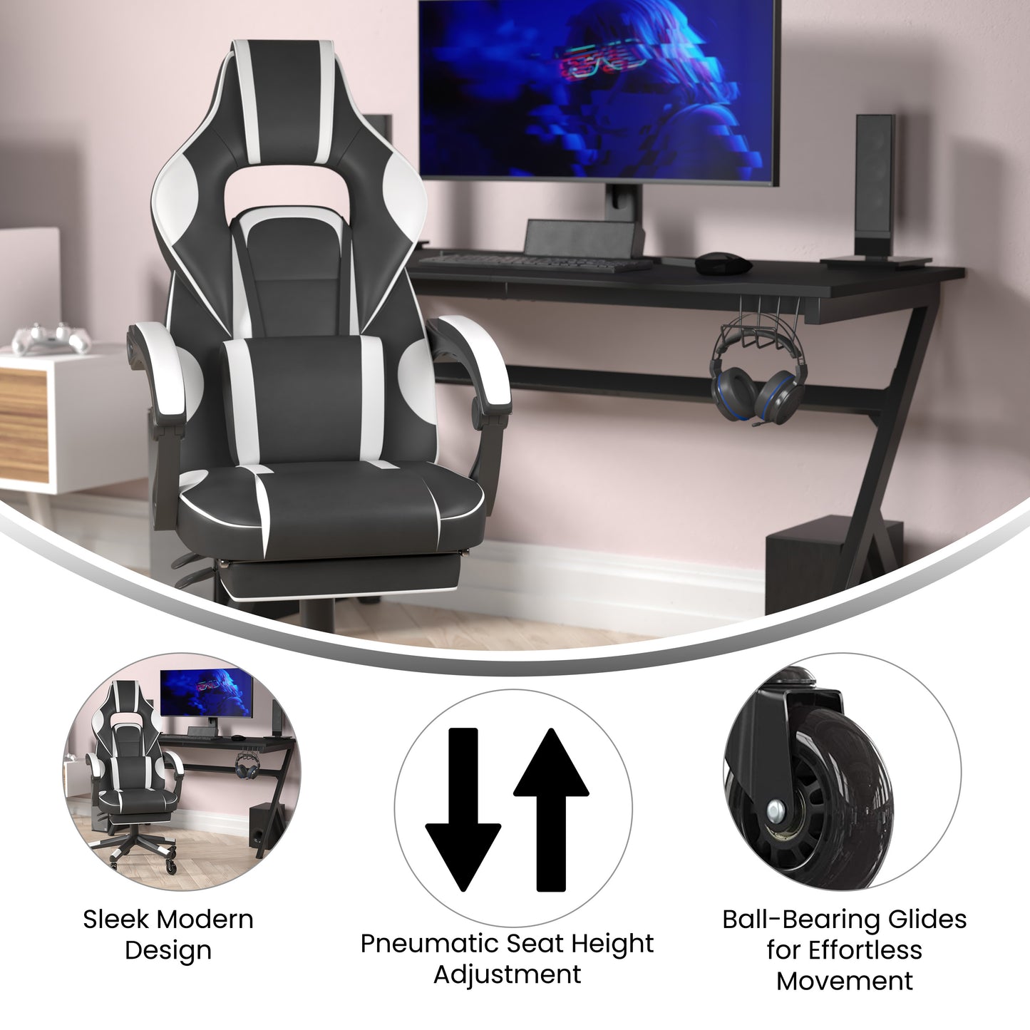 X40 Gaming Chair Racing Computer Chair with Fully Reclining Back/Arms and Transparent Roller Wheels, Slide-Out Footrest, - White Black with White Trim