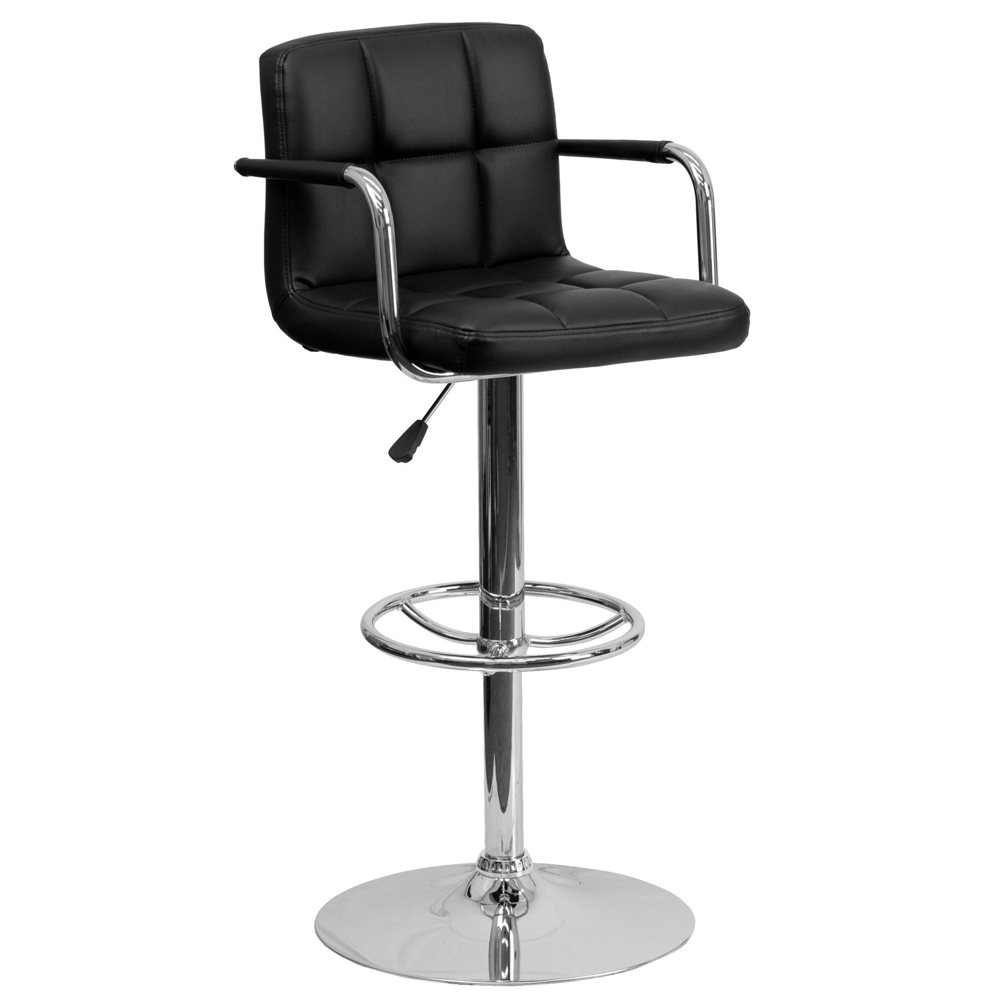 Genna Contemporary Black Quilted Vinyl Adjustable Height Barstool with Arms and Chrome Base Black