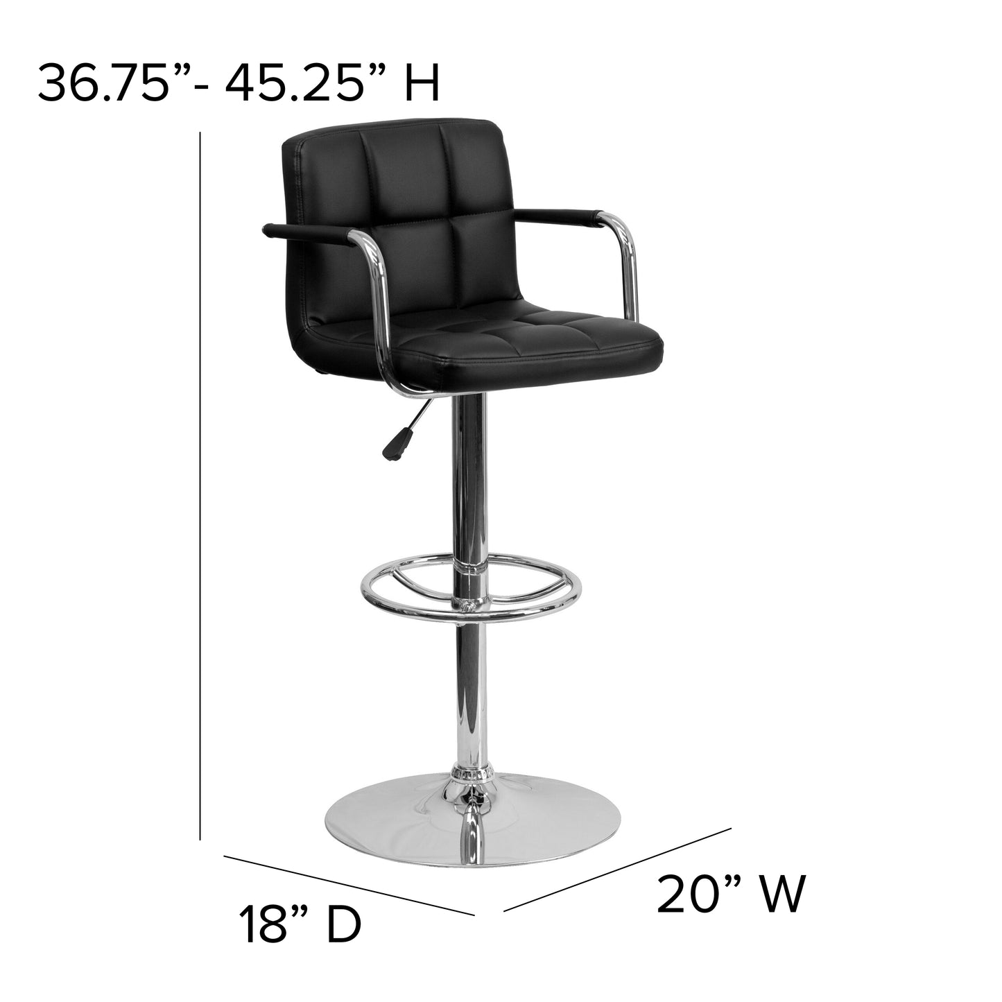 Genna Contemporary Black Quilted Vinyl Adjustable Height Barstool with Arms and Chrome Base Black