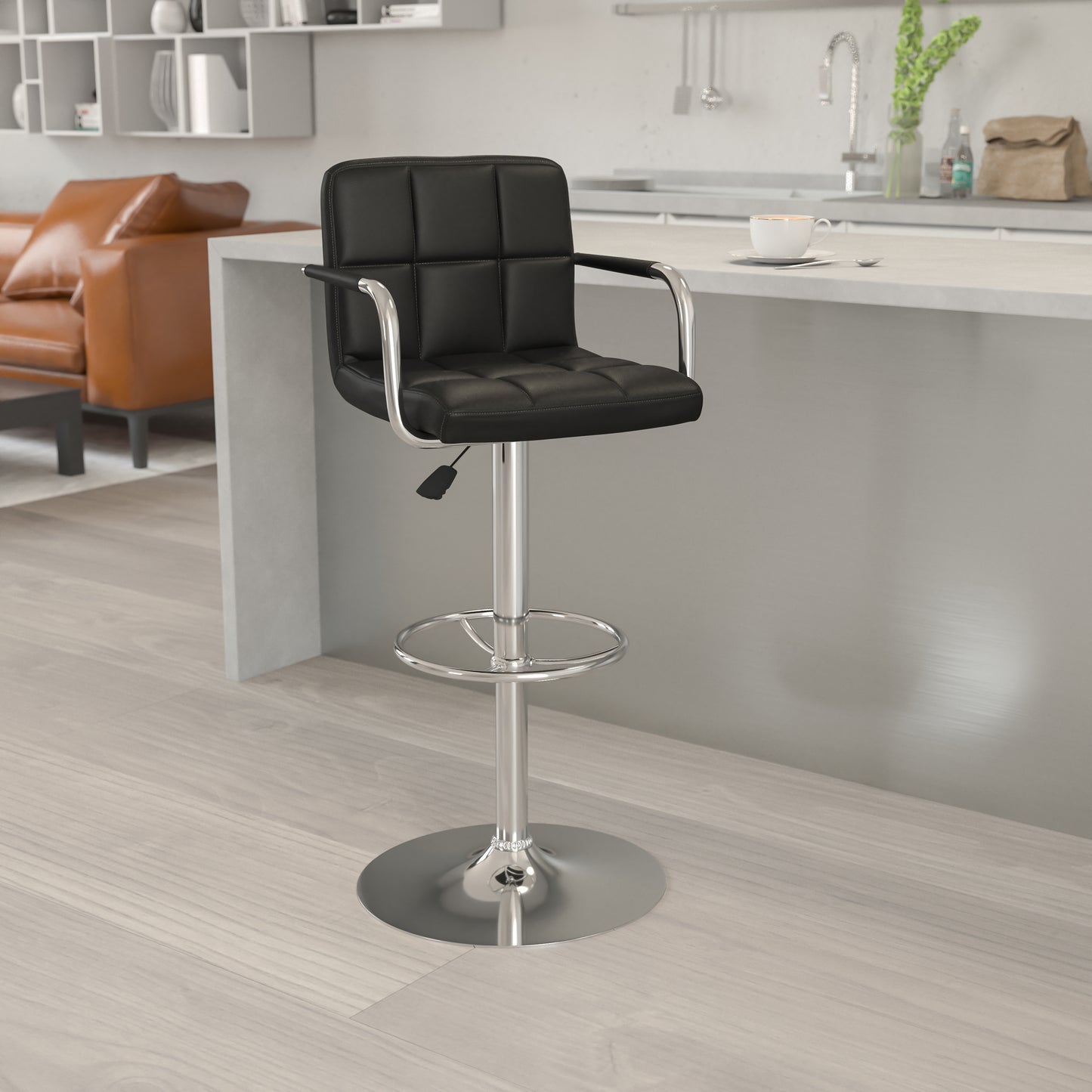 Genna Contemporary Black Quilted Vinyl Adjustable Height Barstool with Arms and Chrome Base Black