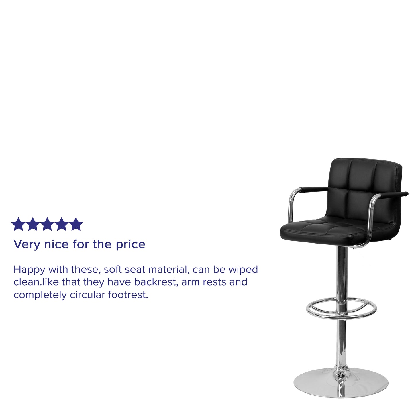 Genna Contemporary Black Quilted Vinyl Adjustable Height Barstool with Arms and Chrome Base Black