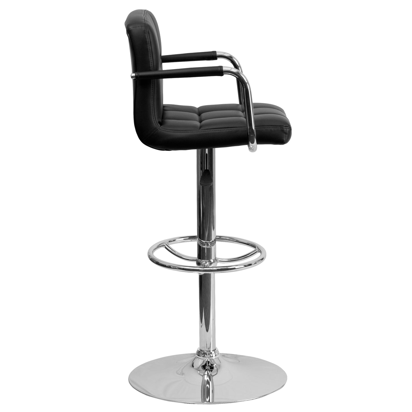 Genna Contemporary Black Quilted Vinyl Adjustable Height Barstool with Arms and Chrome Base Black