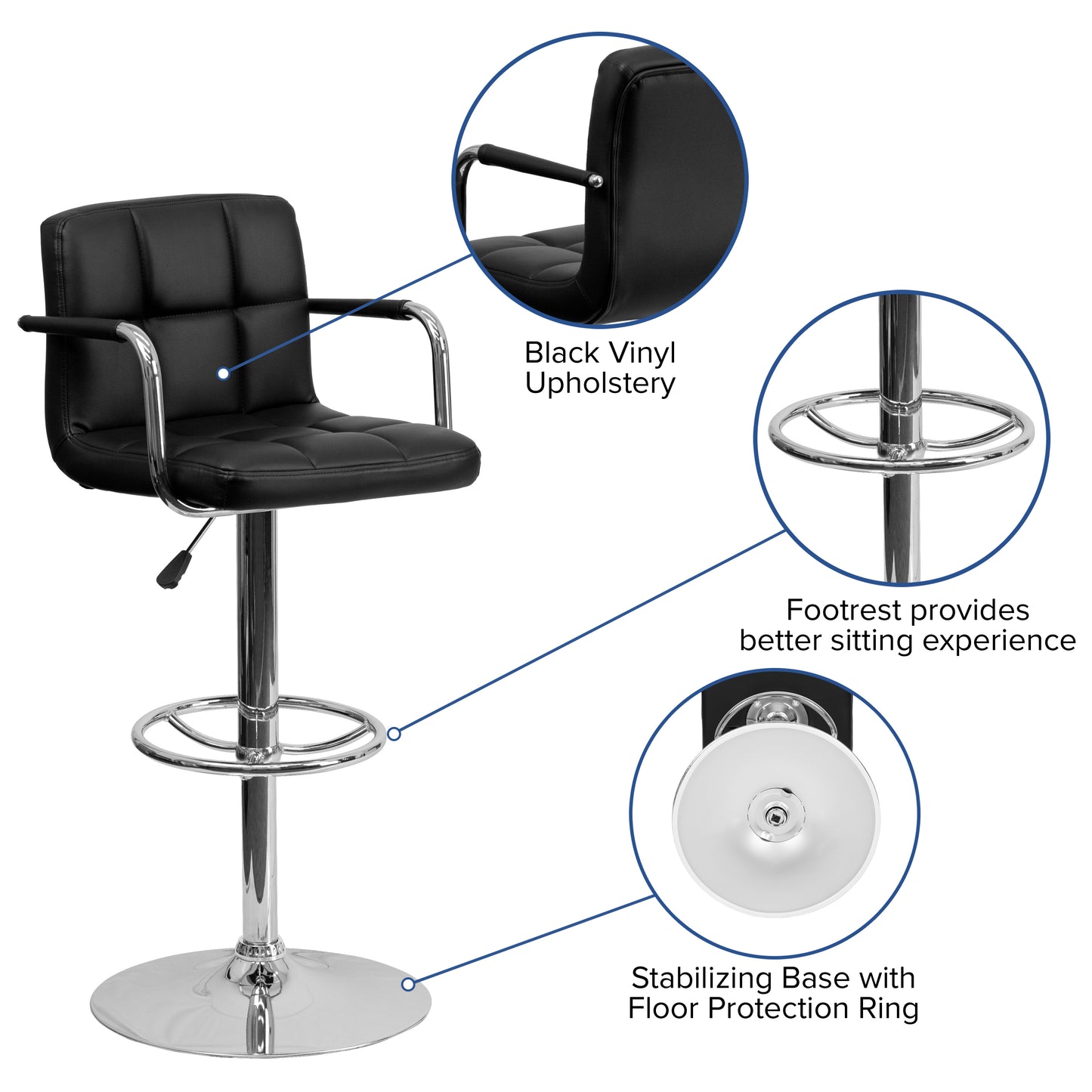 Genna Contemporary Black Quilted Vinyl Adjustable Height Barstool with Arms and Chrome Base Black