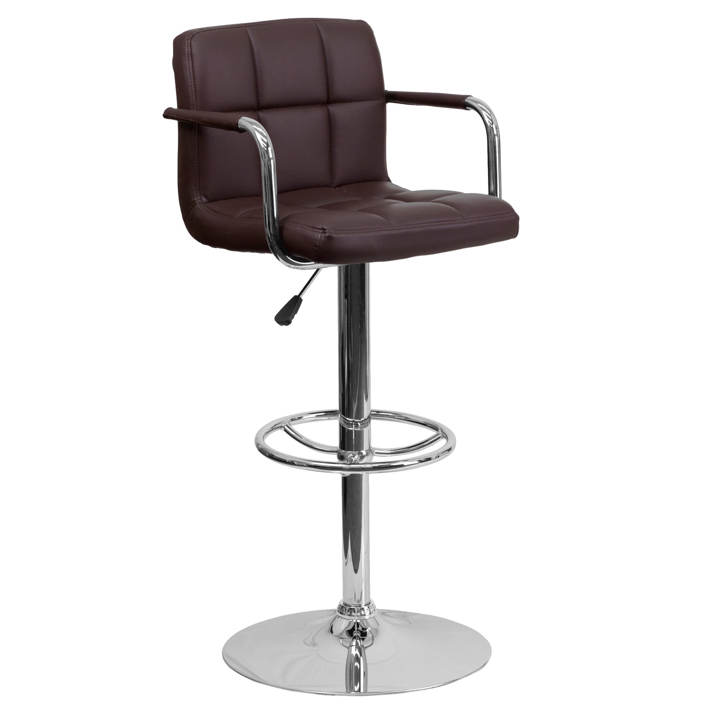 Genna Contemporary Brown Quilted Vinyl Adjustable Height Barstool with Arms and Chrome Base Brown