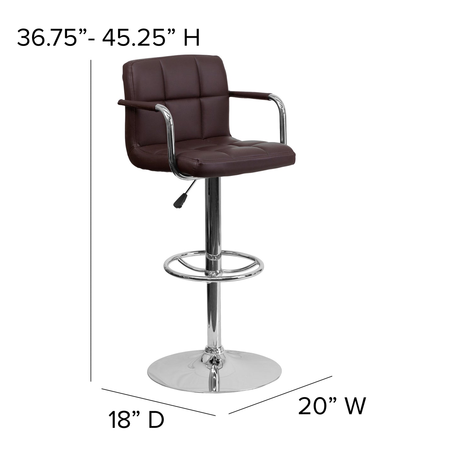 Genna Contemporary Brown Quilted Vinyl Adjustable Height Barstool with Arms and Chrome Base Brown