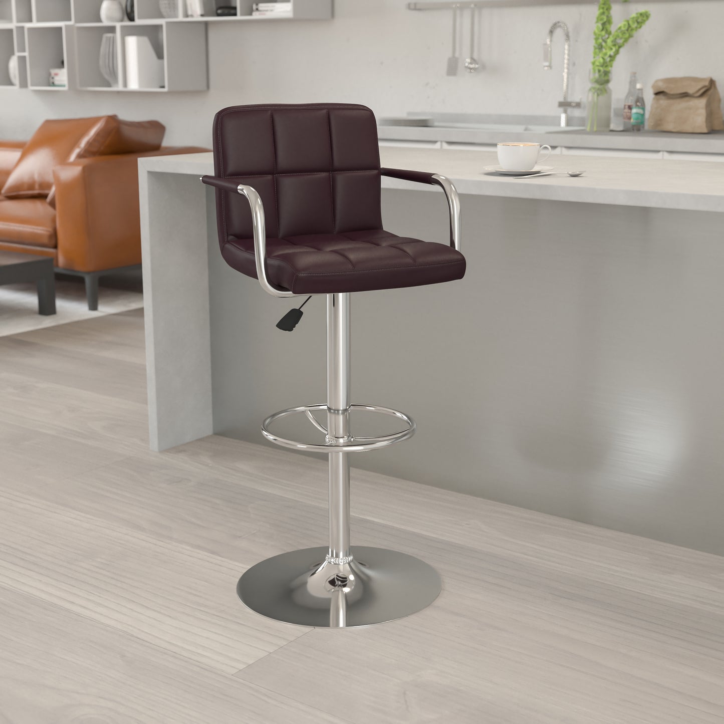 Genna Contemporary Brown Quilted Vinyl Adjustable Height Barstool with Arms and Chrome Base Brown