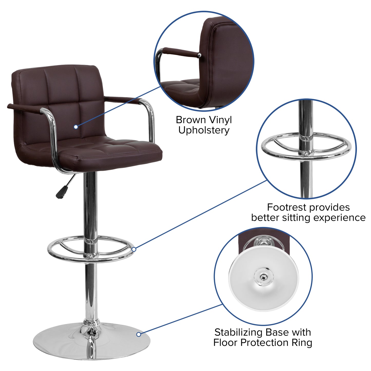 Genna Contemporary Brown Quilted Vinyl Adjustable Height Barstool with Arms and Chrome Base Brown
