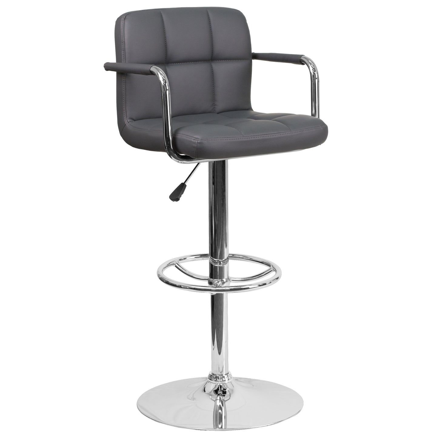 Genna Contemporary Gray Quilted Vinyl Adjustable Height Barstool with Arms and Chrome Base Gray