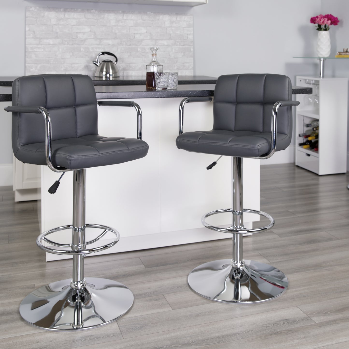 Genna Contemporary Gray Quilted Vinyl Adjustable Height Barstool with Arms and Chrome Base Gray