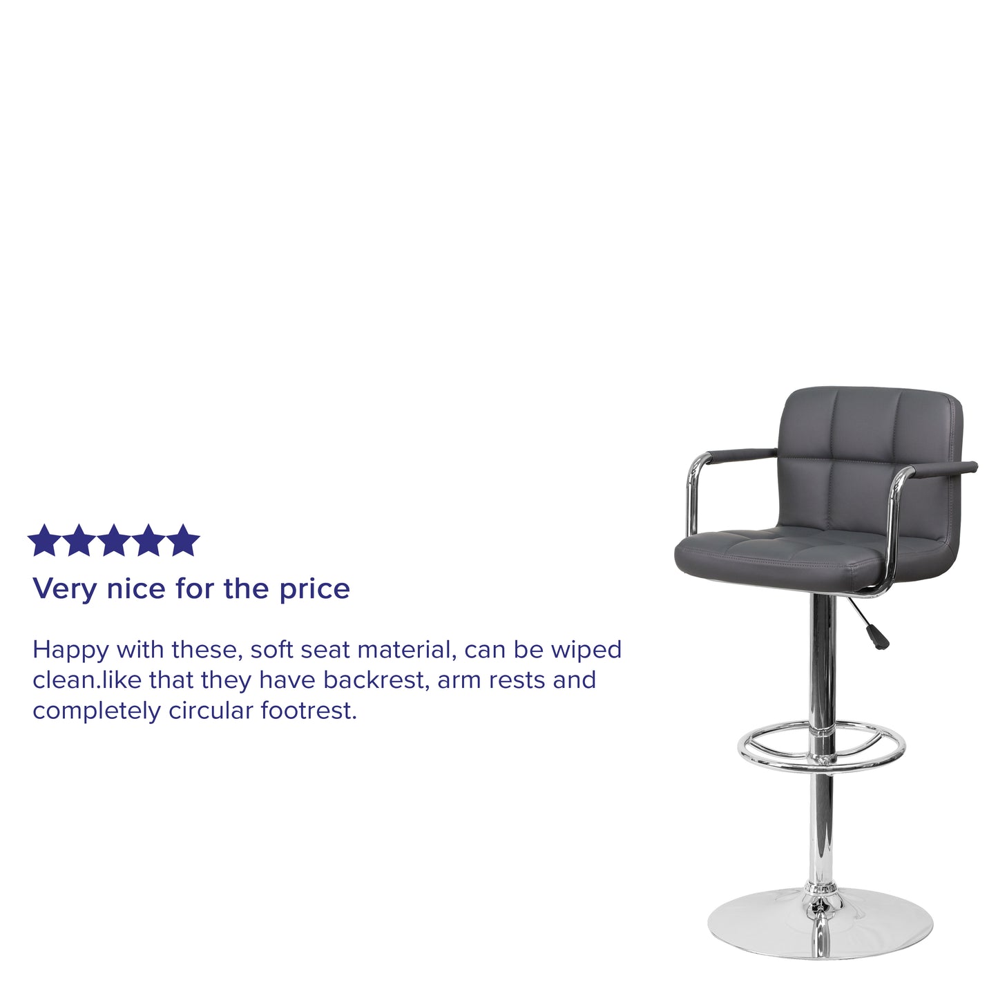 Genna Contemporary Gray Quilted Vinyl Adjustable Height Barstool with Arms and Chrome Base Gray