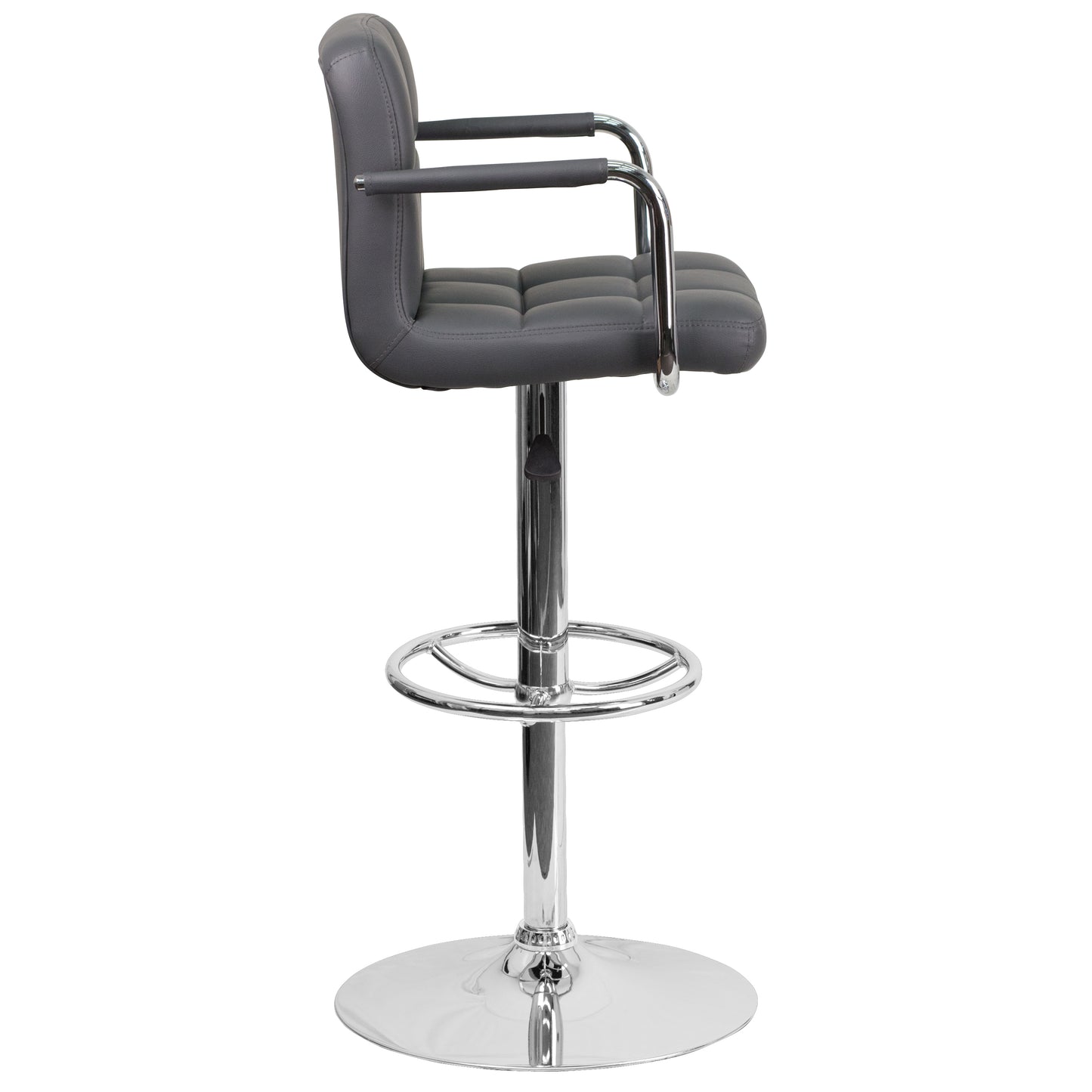 Genna Contemporary Gray Quilted Vinyl Adjustable Height Barstool with Arms and Chrome Base Gray