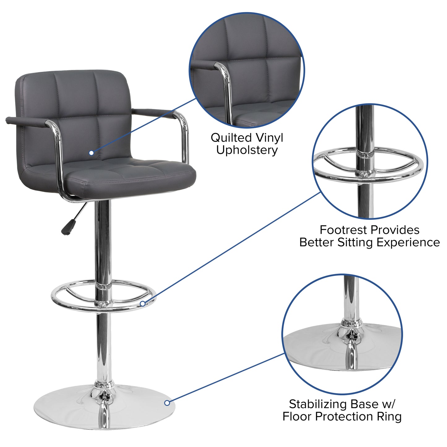 Genna Contemporary Gray Quilted Vinyl Adjustable Height Barstool with Arms and Chrome Base Gray