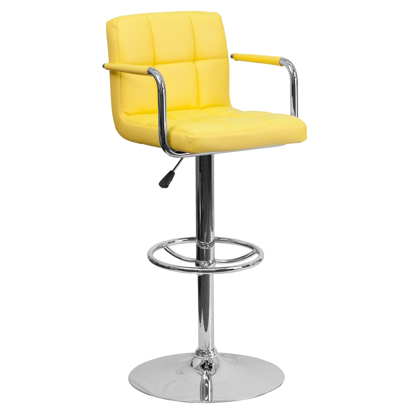 Genna Contemporary Yellow Quilted Vinyl Adjustable Height Barstool with Arms and Chrome Base Yellow