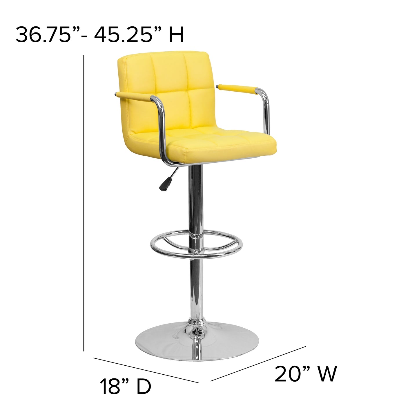 Genna Contemporary Yellow Quilted Vinyl Adjustable Height Barstool with Arms and Chrome Base Yellow