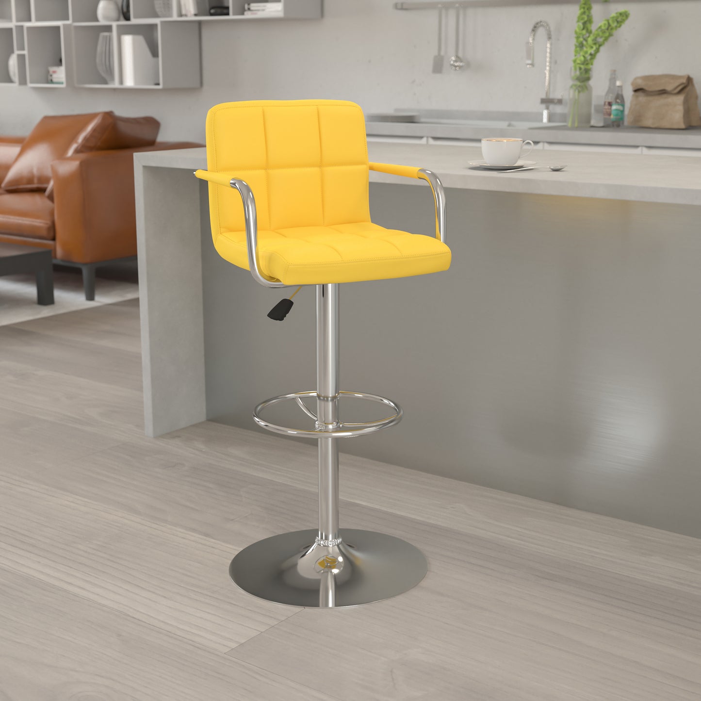 Genna Contemporary Yellow Quilted Vinyl Adjustable Height Barstool with Arms and Chrome Base Yellow