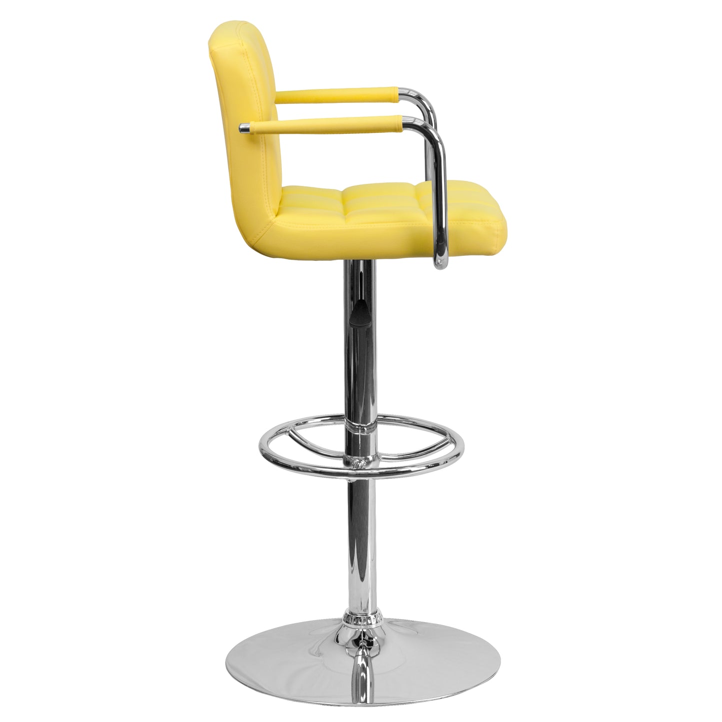 Genna Contemporary Yellow Quilted Vinyl Adjustable Height Barstool with Arms and Chrome Base Yellow