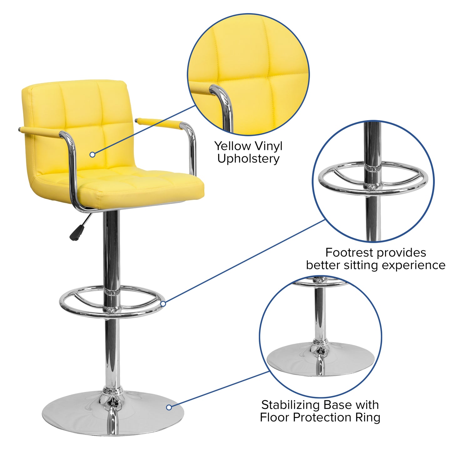 Genna Contemporary Yellow Quilted Vinyl Adjustable Height Barstool with Arms and Chrome Base Yellow