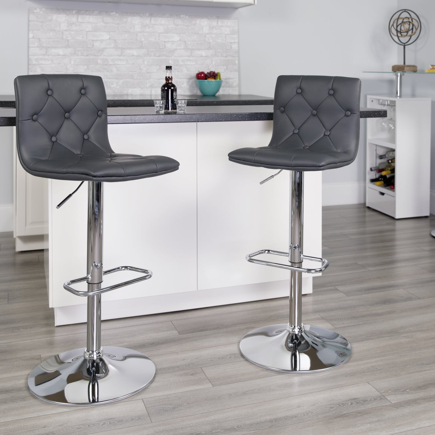 Sammie Contemporary Button Tufted Gray Vinyl Adjustable Height Barstool with Chrome Base Gray