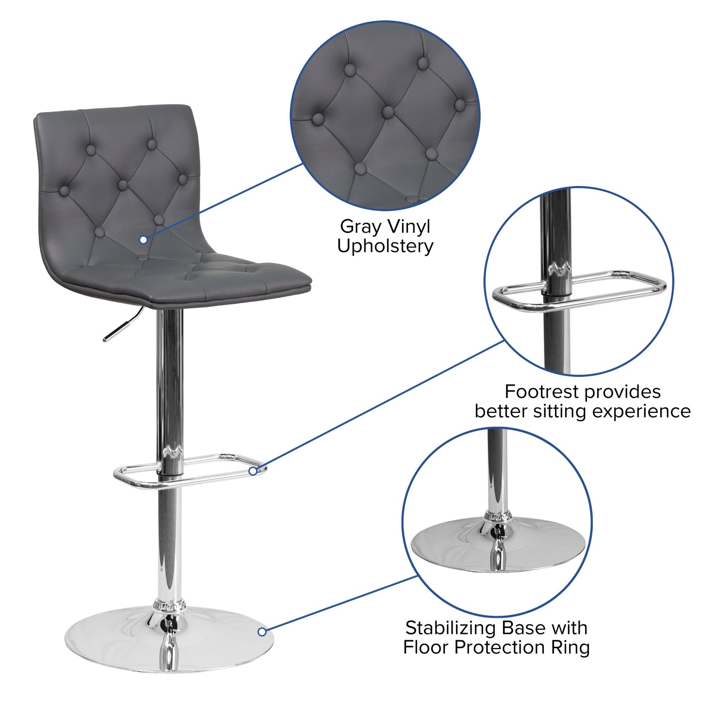 Sammie Contemporary Button Tufted Gray Vinyl Adjustable Height Barstool with Chrome Base Gray