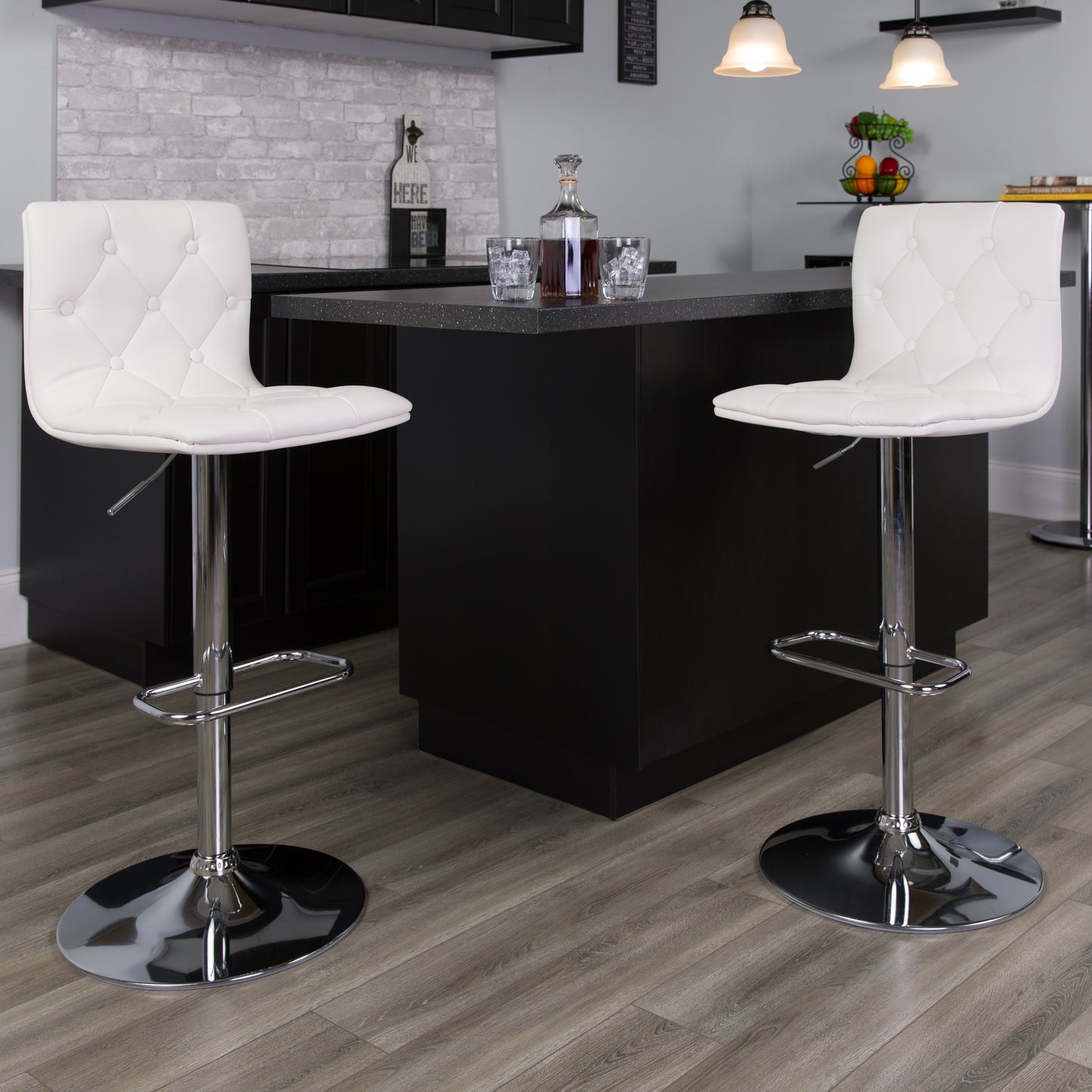 Sammie Contemporary Button Tufted White Vinyl Adjustable Height Barstool with Chrome Base White