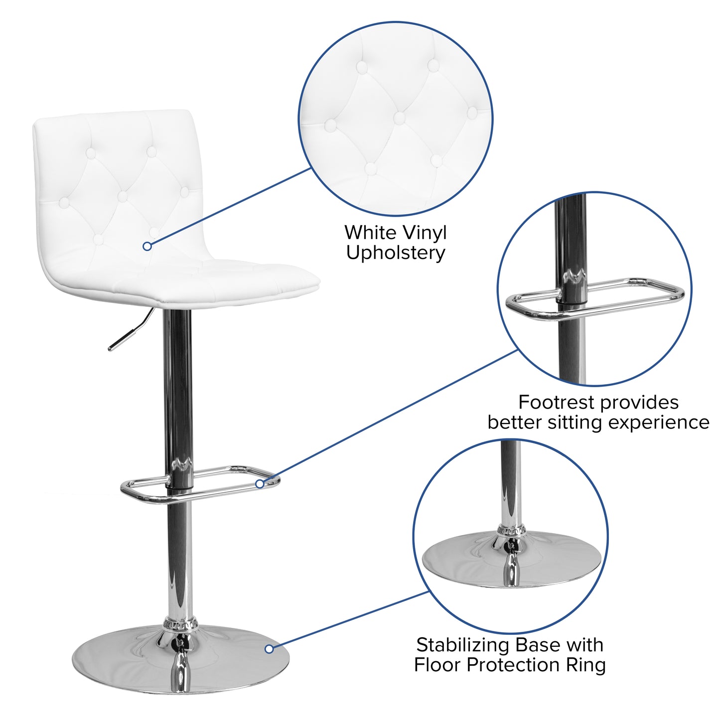 Sammie Contemporary Button Tufted White Vinyl Adjustable Height Barstool with Chrome Base White