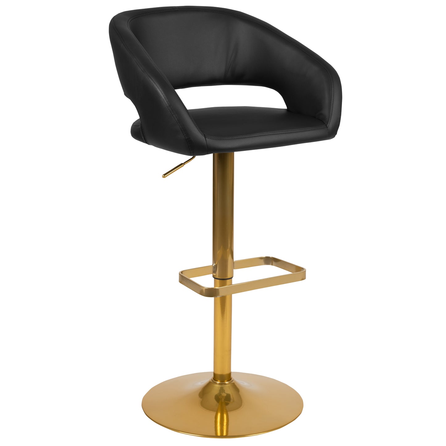 Erik Contemporary Black Vinyl Adjustable Height Barstool with Rounded Mid-Back and Gold Base Black/Gold Frame