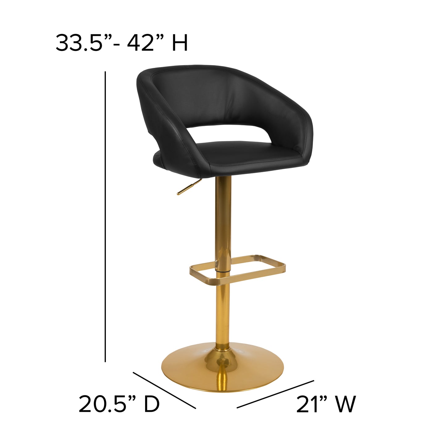 Erik Contemporary Black Vinyl Adjustable Height Barstool with Rounded Mid-Back and Gold Base Black/Gold Frame