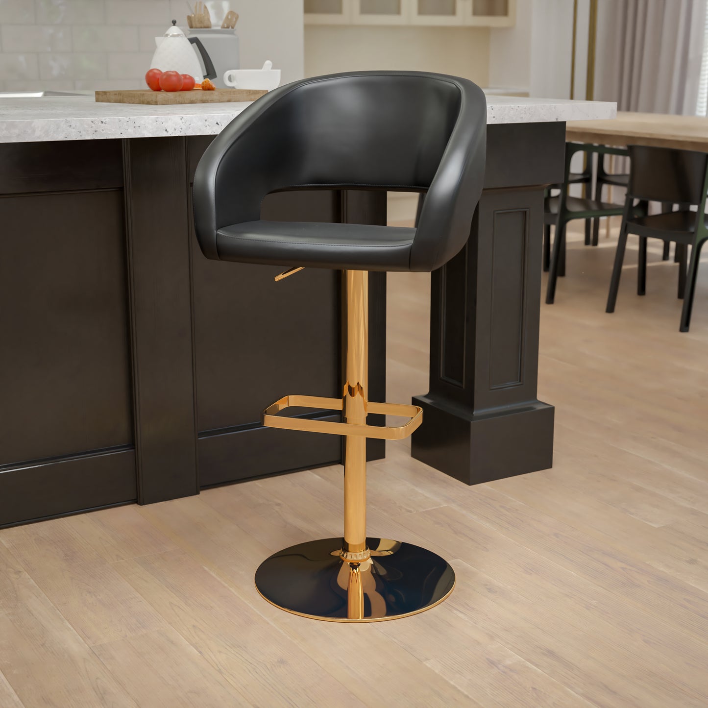 Erik Contemporary Black Vinyl Adjustable Height Barstool with Rounded Mid-Back and Gold Base Black/Gold Frame