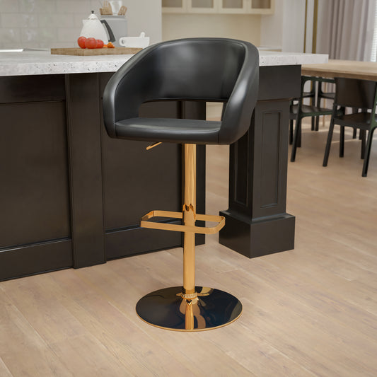 Erik Contemporary Black Vinyl Adjustable Height Barstool with Rounded Mid-Back and Gold Base Black/Gold Frame