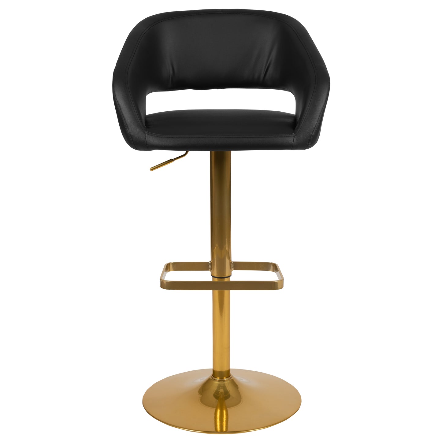 Erik Contemporary Black Vinyl Adjustable Height Barstool with Rounded Mid-Back and Gold Base Black/Gold Frame