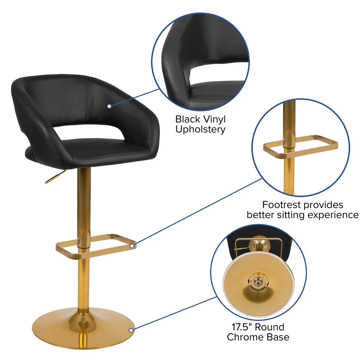 Erik Contemporary Black Vinyl Adjustable Height Barstool with Rounded Mid-Back and Gold Base Black/Gold Frame