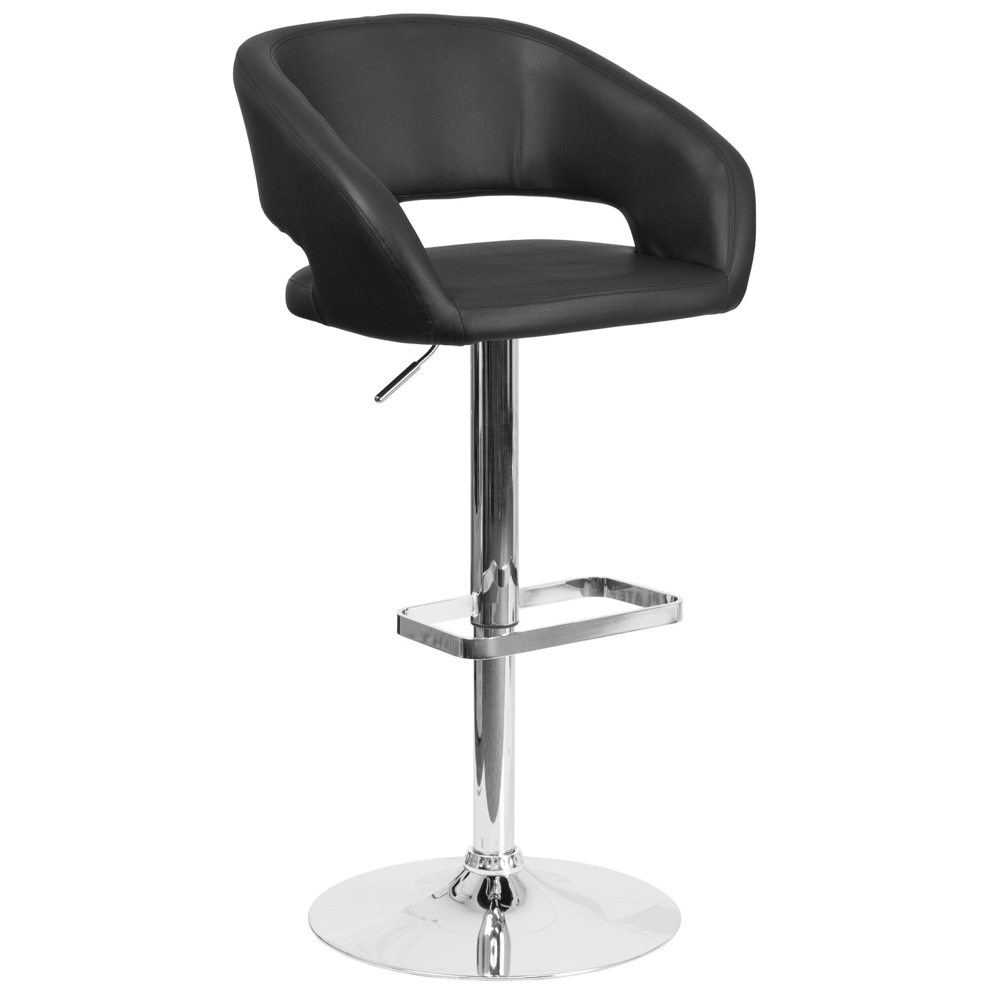 Erik Contemporary Black Vinyl Adjustable Height Barstool with Rounded Mid-Back and Chrome Base Black Vinyl/Chrome Frame