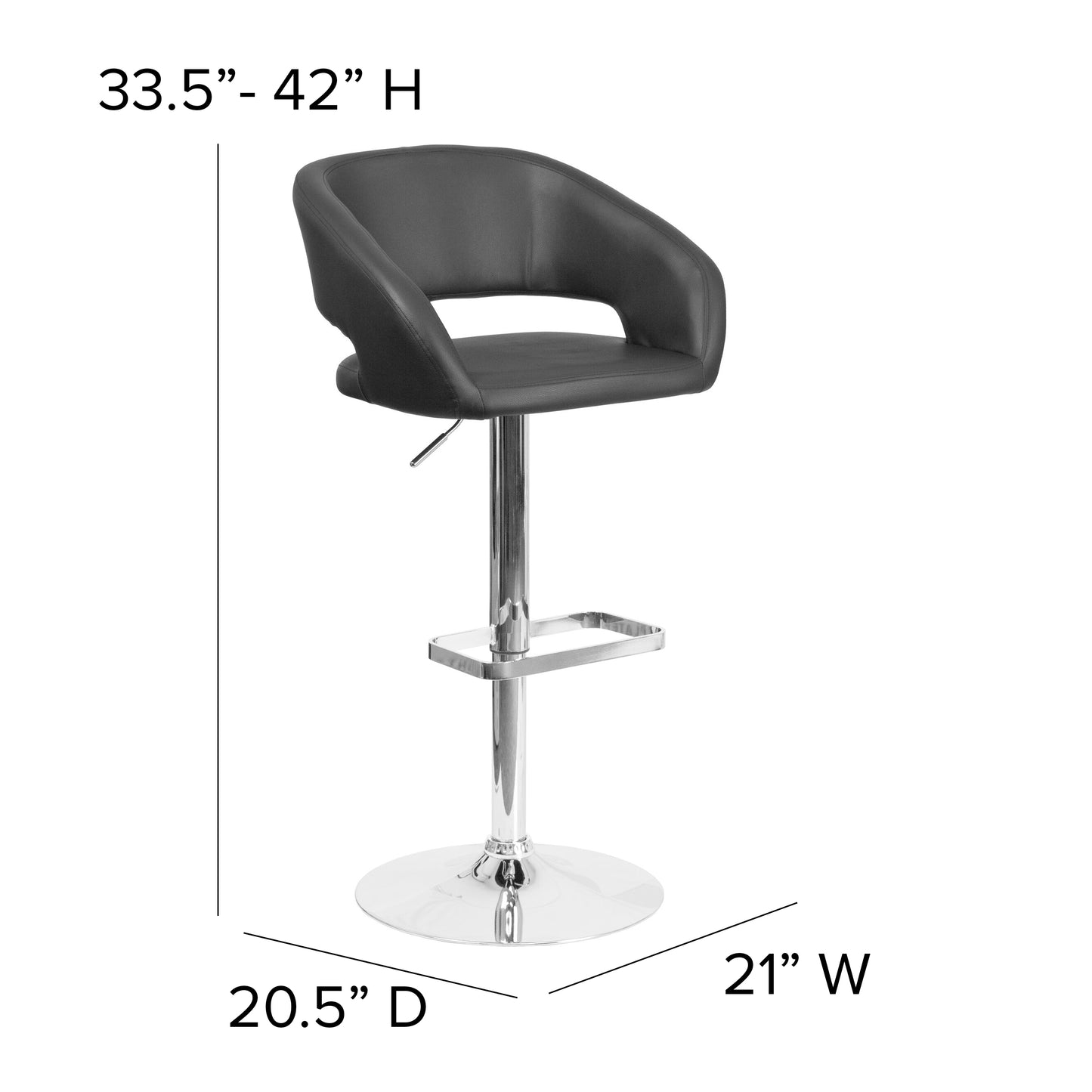 Erik Contemporary Black Vinyl Adjustable Height Barstool with Rounded Mid-Back and Chrome Base Black Vinyl/Chrome Frame