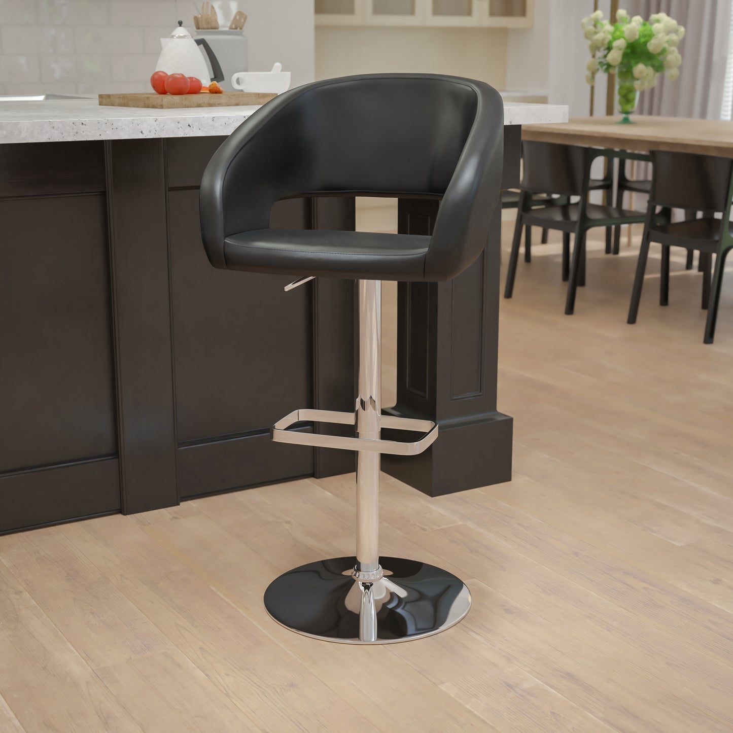 Erik Contemporary Black Vinyl Adjustable Height Barstool with Rounded Mid-Back and Chrome Base Black Vinyl/Chrome Frame