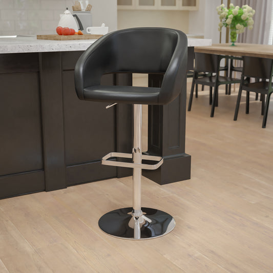 Erik Contemporary Black Vinyl Adjustable Height Barstool with Rounded Mid-Back and Chrome Base Black Vinyl/Chrome Frame