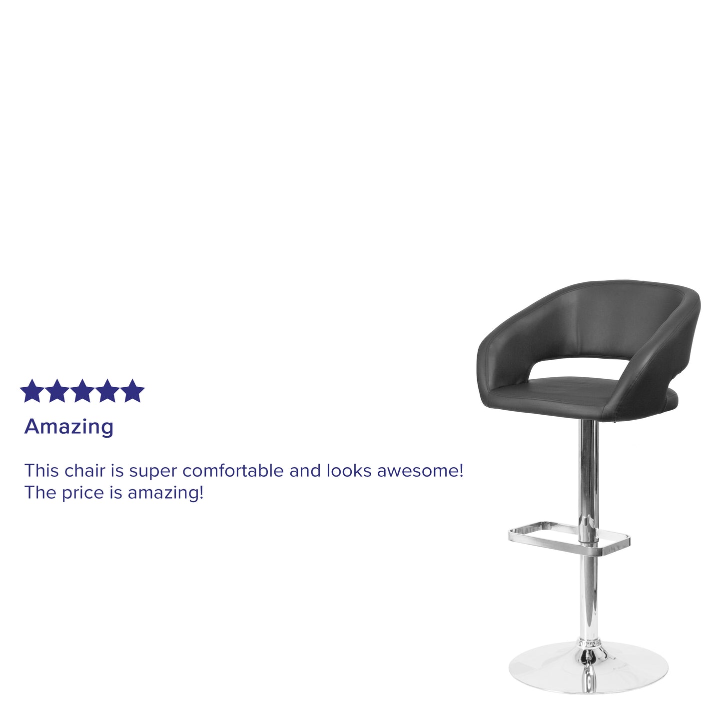 Erik Contemporary Black Vinyl Adjustable Height Barstool with Rounded Mid-Back and Chrome Base Black Vinyl/Chrome Frame