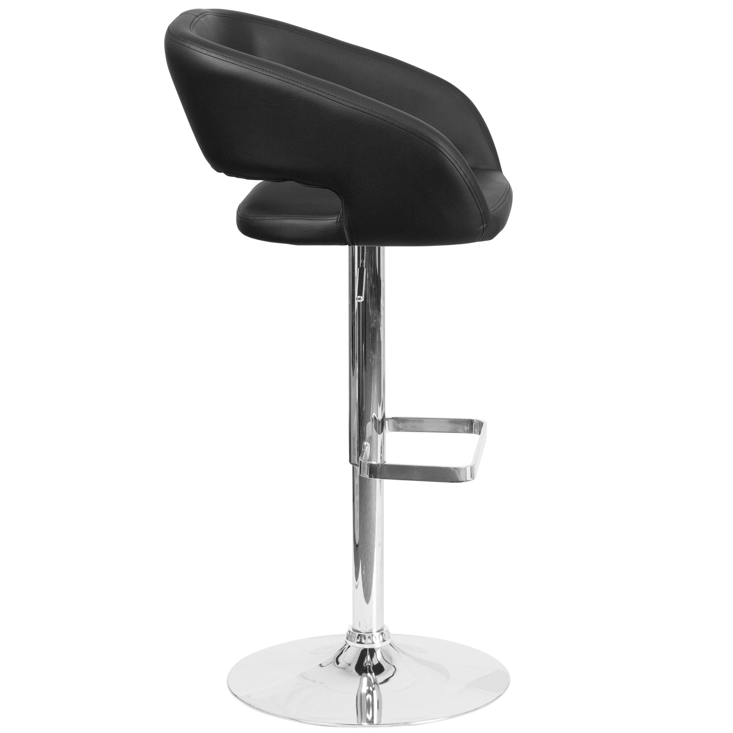 Erik Contemporary Black Vinyl Adjustable Height Barstool with Rounded Mid-Back and Chrome Base Black Vinyl/Chrome Frame