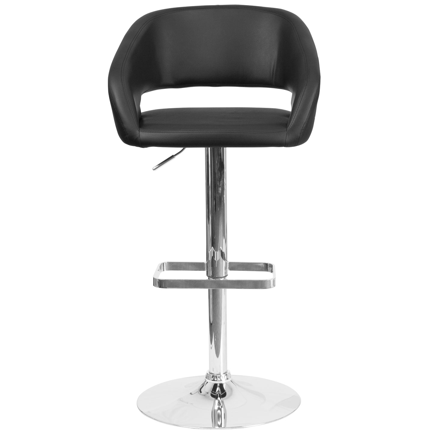 Erik Contemporary Black Vinyl Adjustable Height Barstool with Rounded Mid-Back and Chrome Base Black Vinyl/Chrome Frame