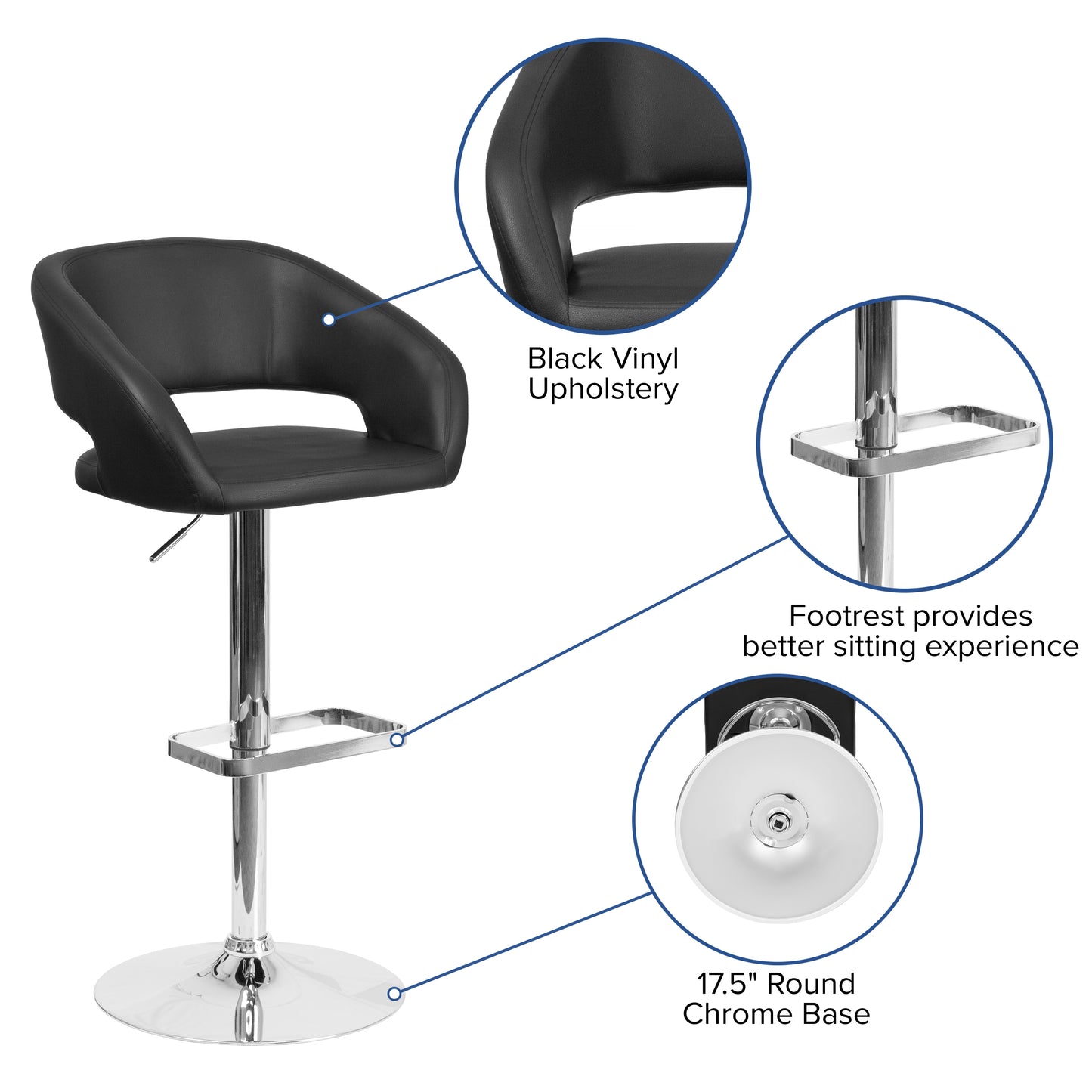 Erik Contemporary Black Vinyl Adjustable Height Barstool with Rounded Mid-Back and Chrome Base Black Vinyl/Chrome Frame