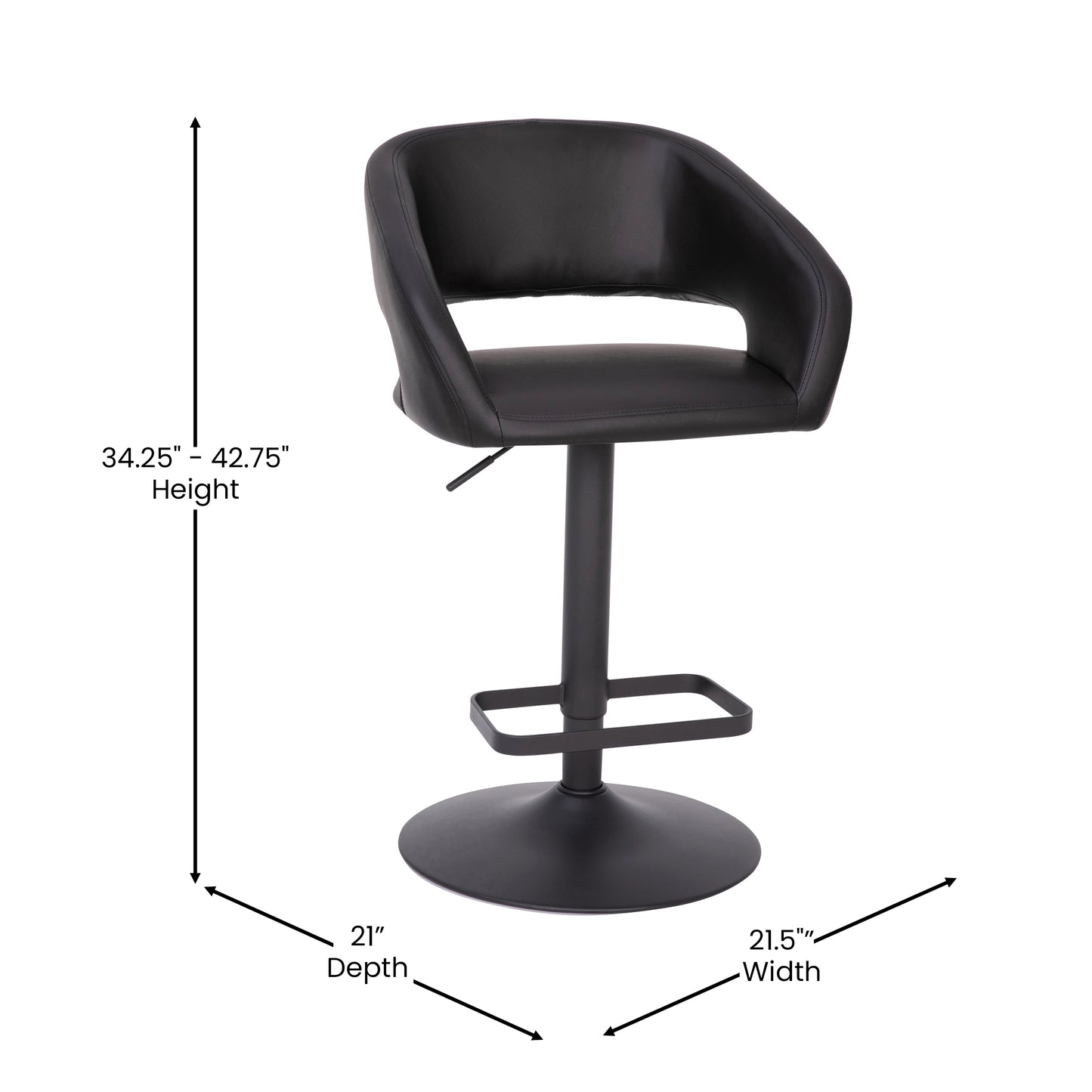 Erik Contemporary Black Vinyl Adjustable Height Barstool with Rounded Mid-Back and Black Base Black Vinyl/Black Frame
