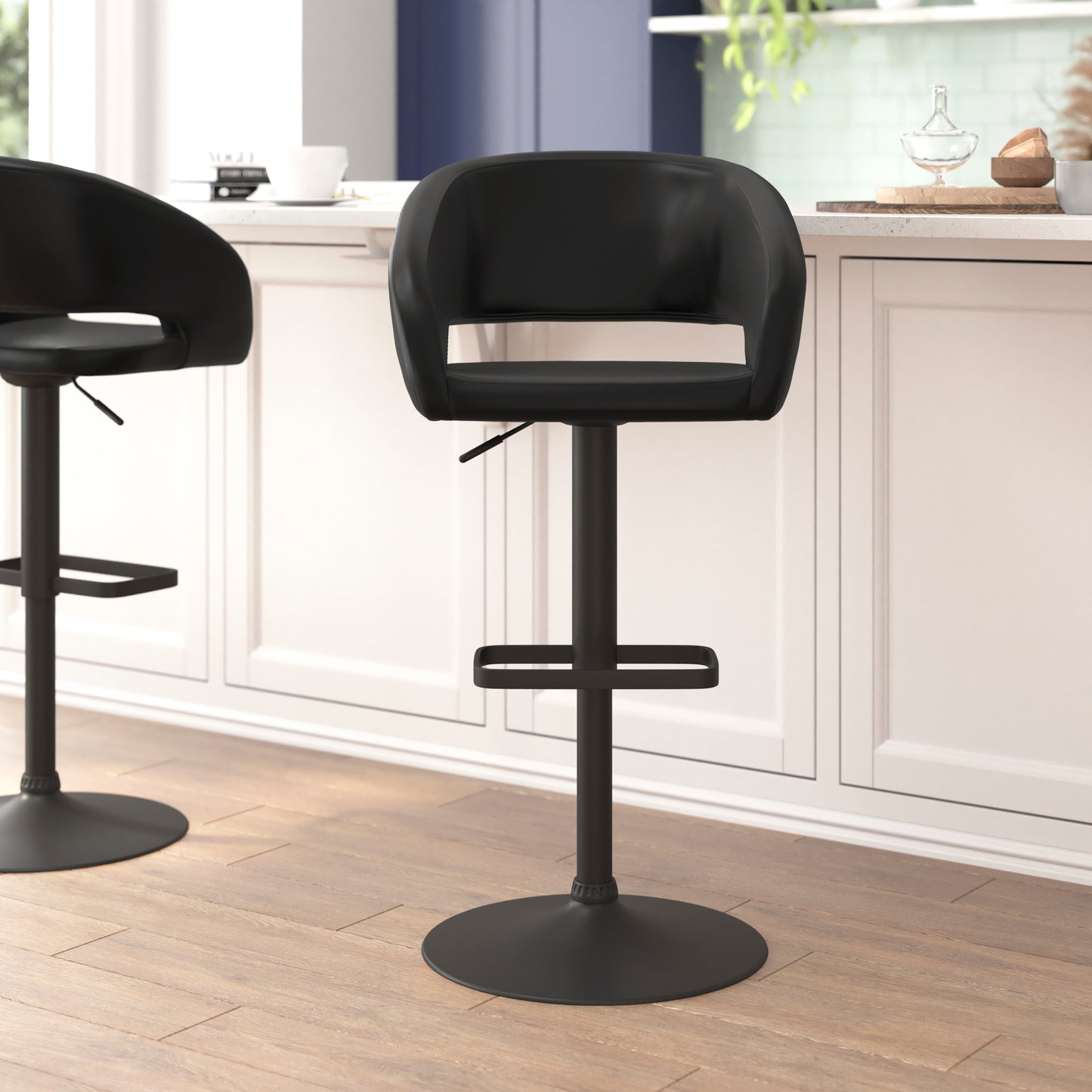 Erik Contemporary Black Vinyl Adjustable Height Barstool with Rounded Mid-Back and Black Base Black Vinyl/Black Frame