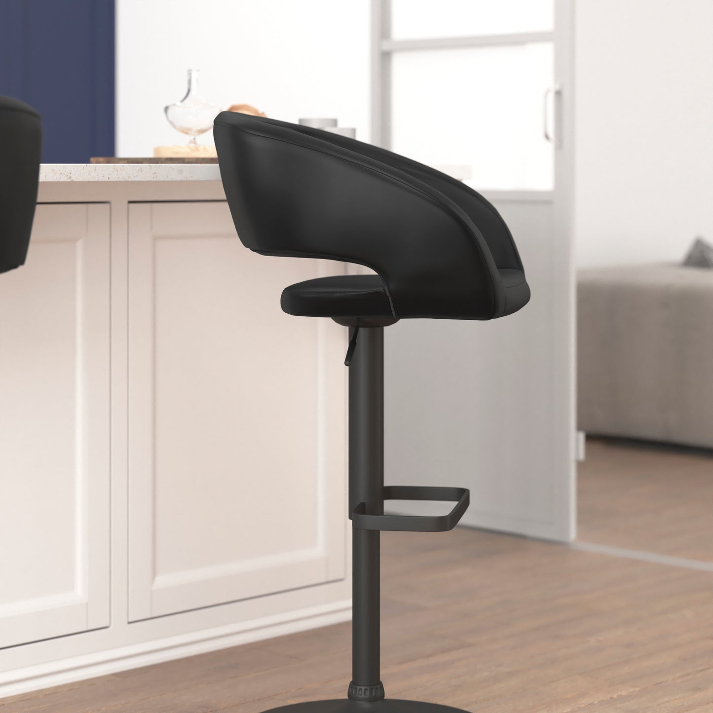 Erik Contemporary Black Vinyl Adjustable Height Barstool with Rounded Mid-Back and Black Base Black Vinyl/Black Frame
