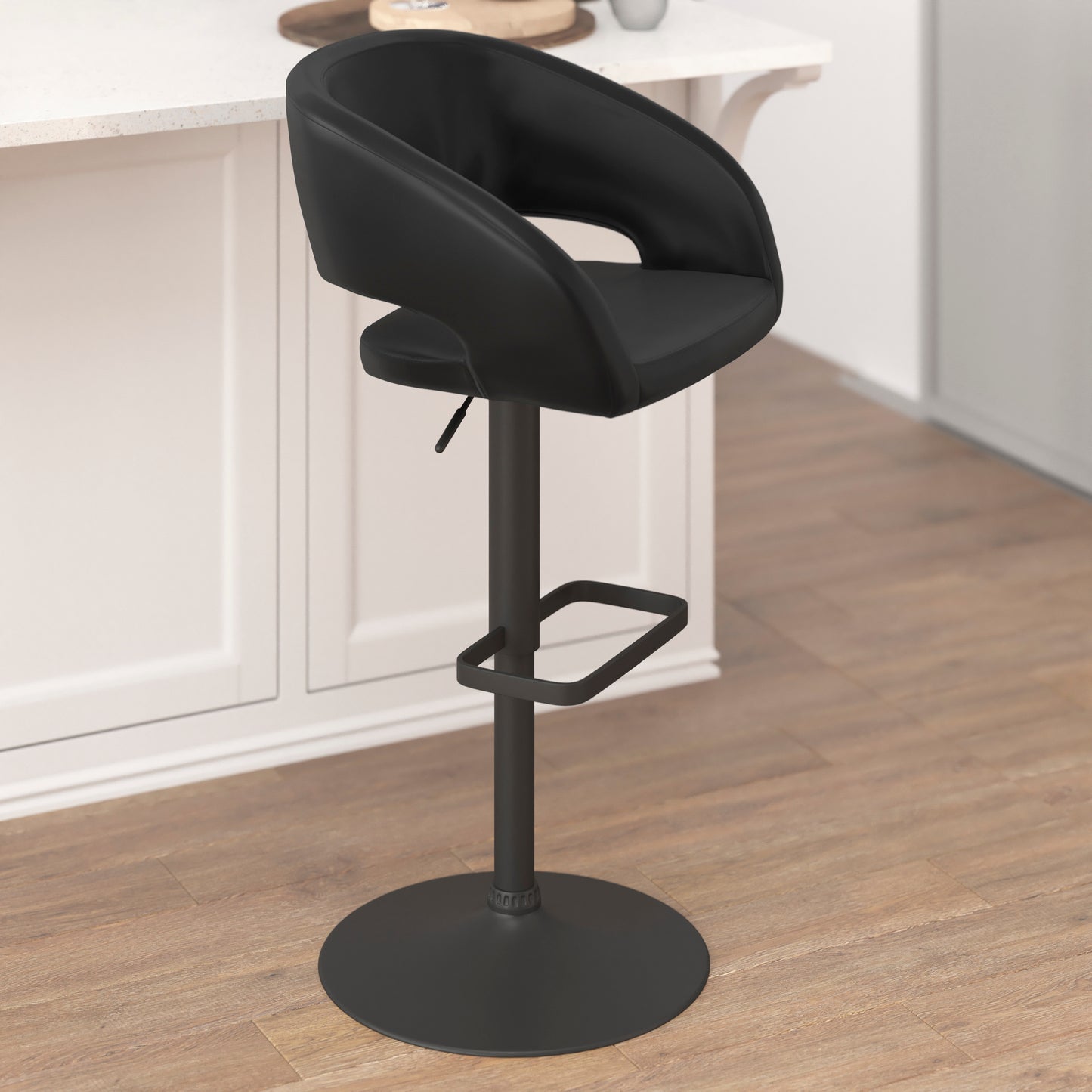 Erik Contemporary Black Vinyl Adjustable Height Barstool with Rounded Mid-Back and Black Base Black Vinyl/Black Frame