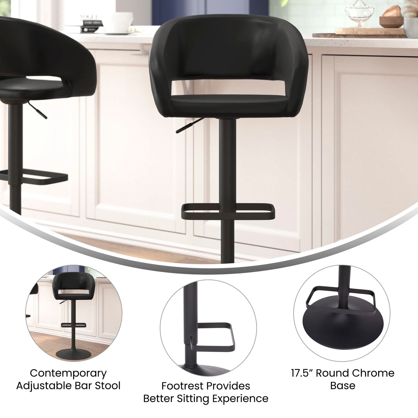 Erik Contemporary Black Vinyl Adjustable Height Barstool with Rounded Mid-Back and Black Base Black Vinyl/Black Frame