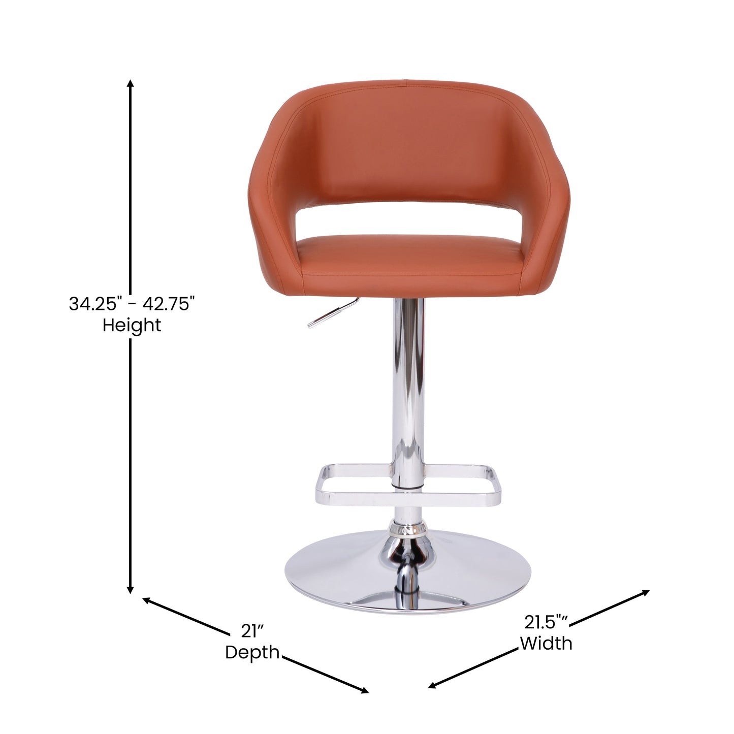 Erik Contemporary Cognac Vinyl Adjustable Height Barstool with Rounded Mid-Back and Chrome Base Cognac Vinyl/Chrome Frame