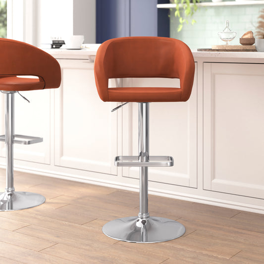 Erik Contemporary Cognac Vinyl Adjustable Height Barstool with Rounded Mid-Back and Chrome Base Cognac Vinyl/Chrome Frame