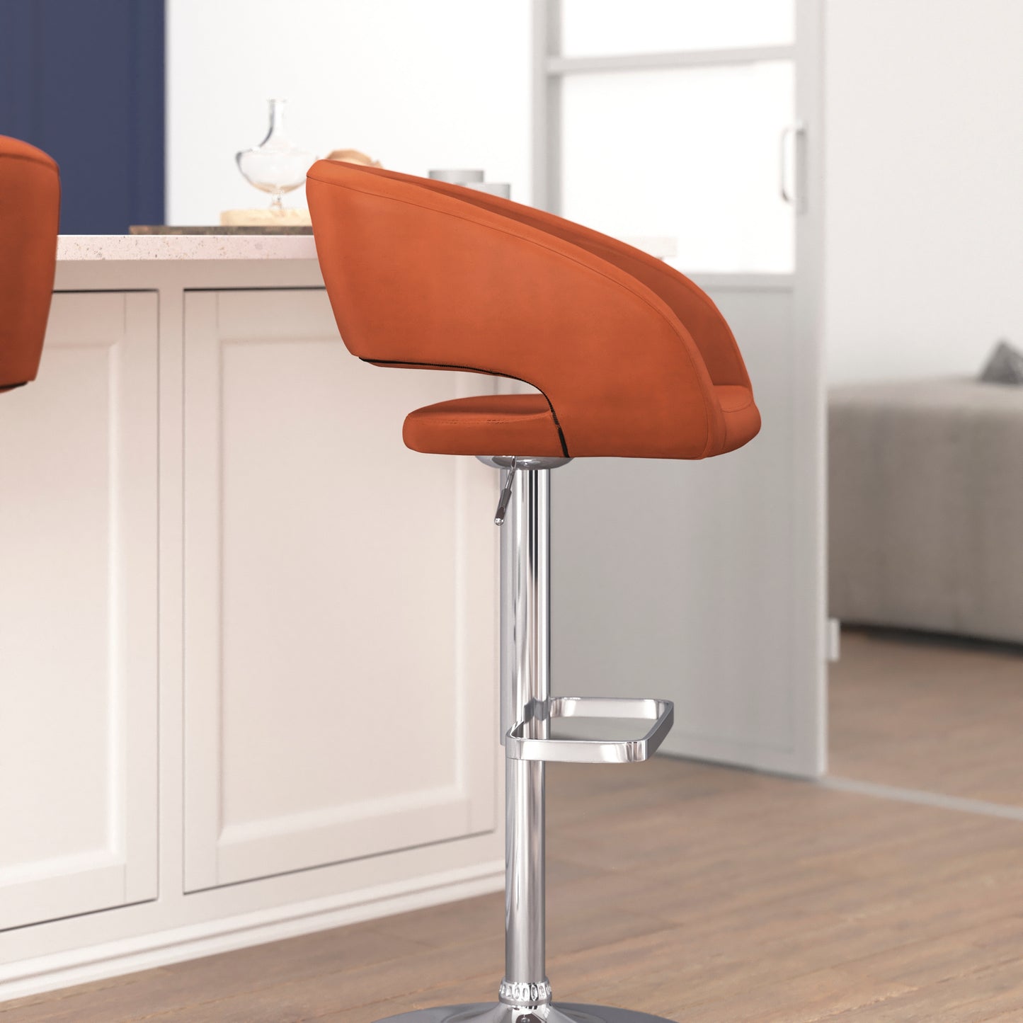 Erik Contemporary Cognac Vinyl Adjustable Height Barstool with Rounded Mid-Back and Chrome Base Cognac Vinyl/Chrome Frame