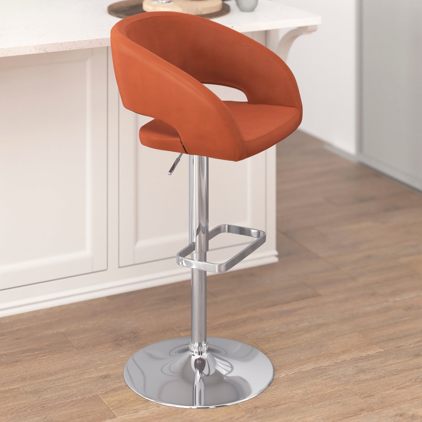 Erik Contemporary Cognac Vinyl Adjustable Height Barstool with Rounded Mid-Back and Chrome Base Cognac Vinyl/Chrome Frame