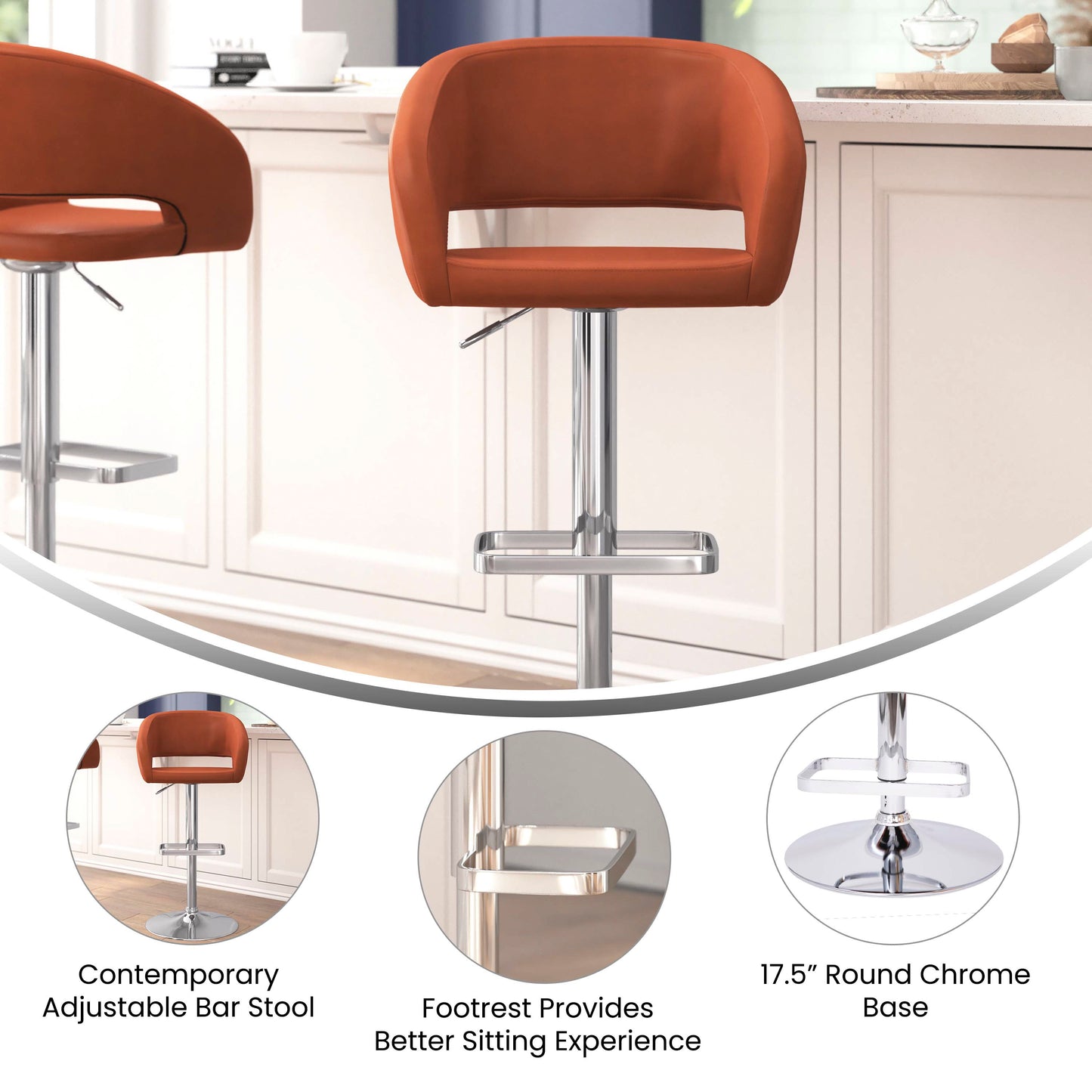 Erik Contemporary Cognac Vinyl Adjustable Height Barstool with Rounded Mid-Back and Chrome Base Cognac Vinyl/Chrome Frame