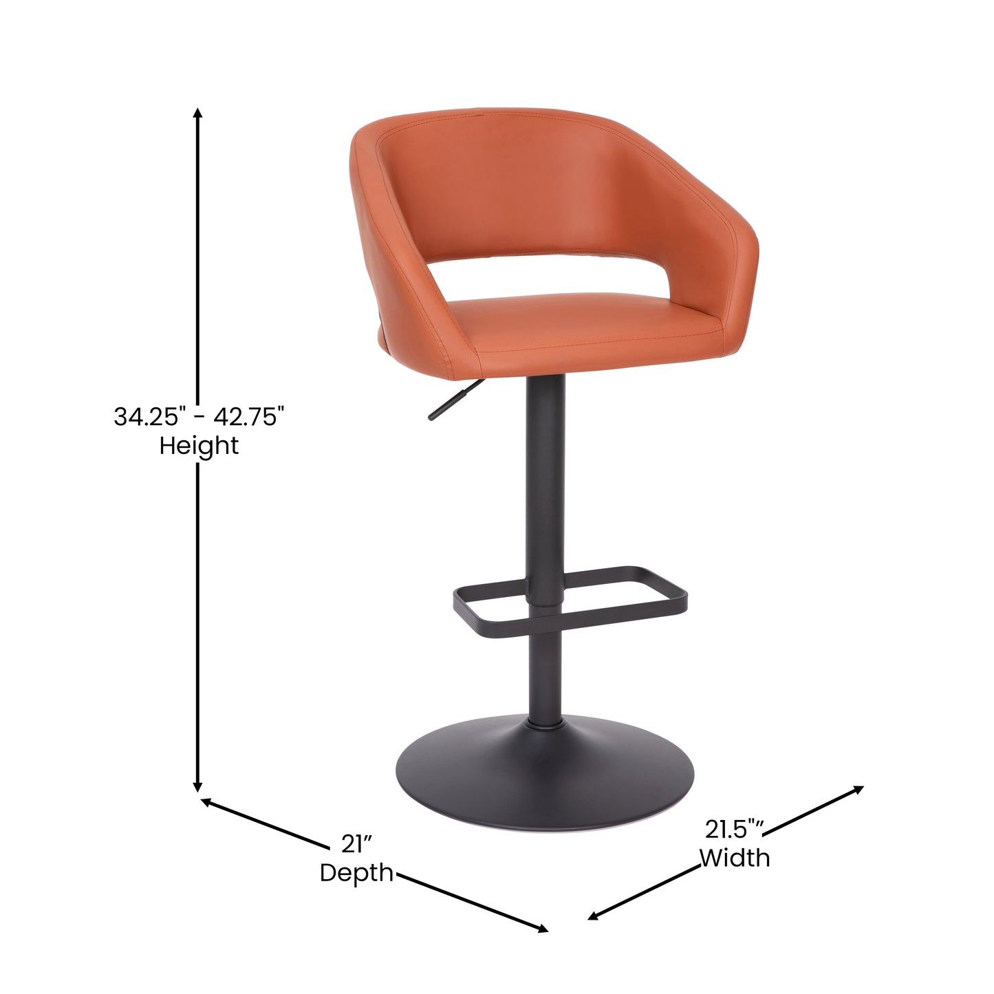 Erik Contemporary Cognac Vinyl Adjustable Height Barstool with Rounded Mid-Back and Black Base Cognac Vinyl/Black Frame